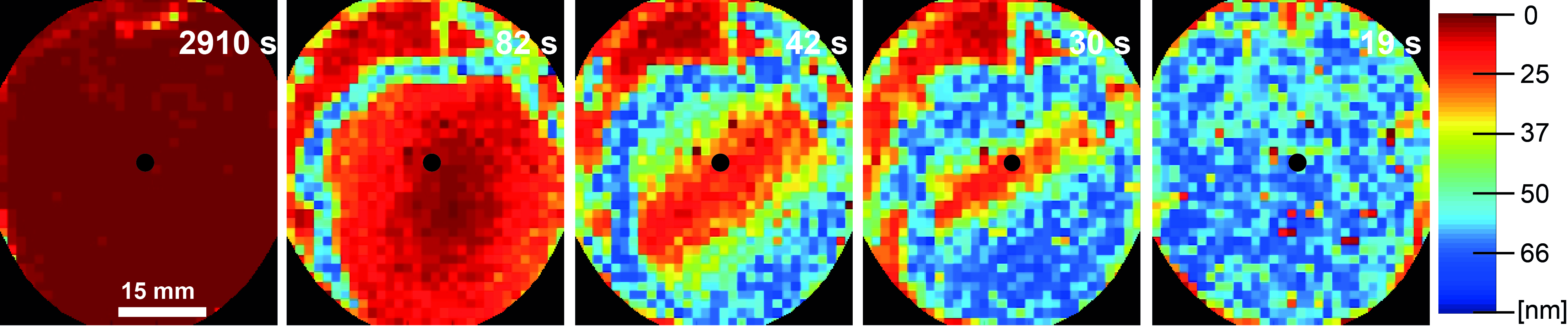 Experimental maps of the local dynamics over 1 s for a biopolymer under creep, measured by time- and space-resolved dynamic light scattering. Labels: time before failure. Copyright: University of Montpellier and CNRS