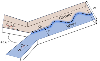 Y-junction chip Scheme of the Y-junction chip to generate coflowing fluids and observe capillary waves in miscible fluids. Copyright: the authors, published in Phys. Rev. Lett. 134, 054001 (2025), DOI: 10.1103/PhysRevLett.134.054001, permission granted by the American Physical Society 2025.
