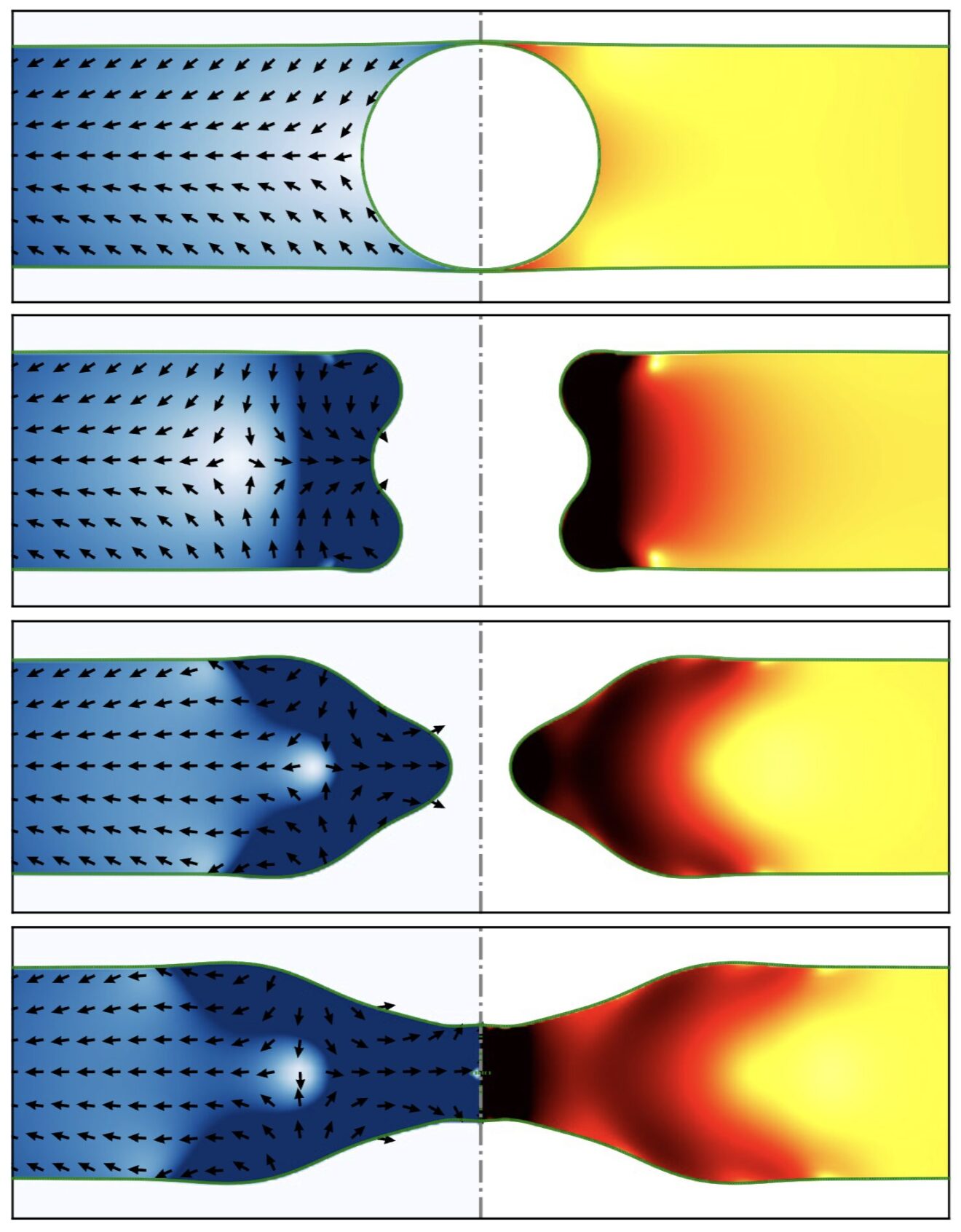 A trapped air bubble deforms a draining liquid sheet, but the defect does not cross the rupture threshold. Surface tension pulls the cavity back together and the sheet heals. Image copyright: the authors, adapted figure 2(a,b) published in Phys. Rev. Lett. 134, 054001 (2025), DOI: 10.1103/PhysRevLett.134.054001.