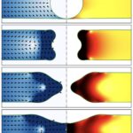 A trapped air bubble deforms a draining liquid sheet, but the defect does not cross the rupture threshold. Surface tension pulls the cavity back together and the sheet heals. Image copyright: the authors, adapted figure 2(a,b) published in Phys. Rev. Lett. 134, 054001 (2025), DOI: 10.1103/PhysRevLett.134.054001.